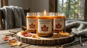 Illustration of amber-colored natural soy candles with a subtle maple leaf design for the Canadian market.