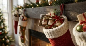 Small soy candle gift sets perfect for Christmas stockings, featuring festive red and gold packaging.