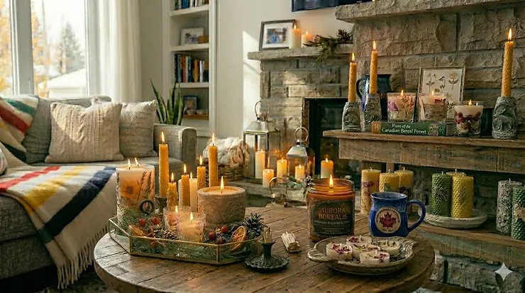 A modern living room setting featuring elegant candles on a rustic wooden coffee table.