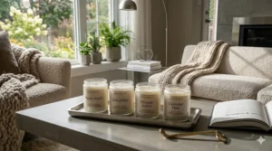 Modern living room scented candles set with minimalist design.