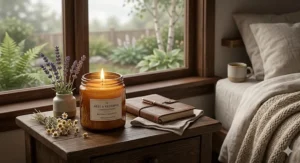 Natural, non-toxic beeswax candles in a serene bedroom, ideal for a relaxing sleep routine.