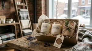 A beautifully wrapped gift set of natural soy candles with a "Made in Canada / Fait au Canada" tag.