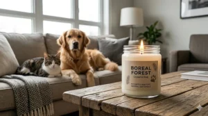 Illustration of a modern Canadian apartment with non-toxic natural soy candles safe for pets and families.