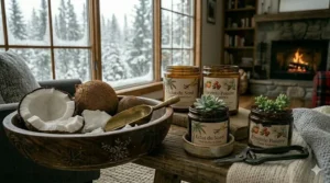 A pet friendly home illustration showcasing non toxic safe coconut wax candles that are phthalate free near a sleeping dog.