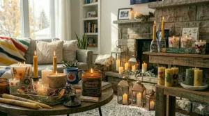 A collection of various-sized pillar candles styled for a living room interior.