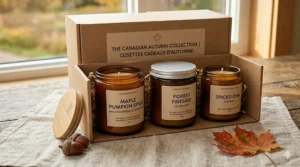 An artisanal gift box containing pumpkin spice and chai soy candles, perfect for fall gifting in Canada.