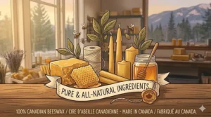 A detailed 4K photorealistic illustration of raw ingredients like honeycomb, cotton twine, and finished 100% Canadian beeswax candles, featuring bilingual quality text.