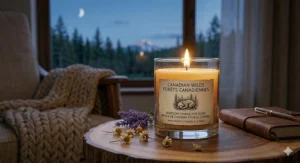 A glass-encased candle in a bedroom, highlighting safe candle placement for sleep.
