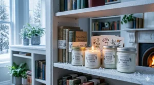 Decorative living room scented candles set on a bookshelf.