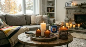 Seasonal candles reflecting warmth and comfort in a cozy home environment.