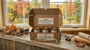 An overhead view of a curated fall candle gift set featuring three mini amber jars and a gold wick trimmer.