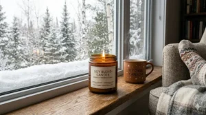 Illustrated Canadian holiday gift box featuring a luxury soy blend candle wrapped in festive packaging.