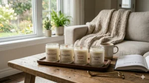 Luxury soy wax living room scented candles set in glass jars.