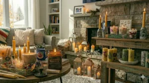 Artisan soy wax candles arranged beautifully in a cozy living room nook.