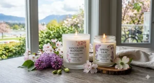 A bright, photorealistic illustration of cherry blossom and lilac scented candles in decorative glass jars, surrounded by blooming spring flowers in a Vancouver setting, highlighting affordable Canadian seasonal decor.