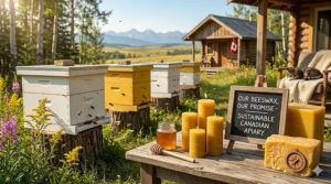 An illustration of a sustainable Canadian apiary and honeybee farm, highlighting the local sourcing behind the best beeswax candles.
