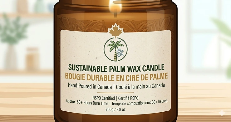 A clean-burning sustainable palm wax candle lit on a wooden table inside a cozy Canadian home during winter, showcasing its unique textured crystalline pattern.
