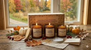A Thanksgiving table setting in Ontario featuring a fall candle gift set as a centerpiece with dried orange slices.