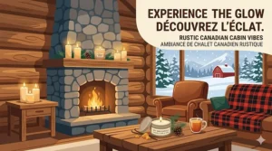 Vector art of a rustic Canadian log cabin interior warmed by the golden glow of vanilla amber scented candles.