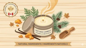 Flat lay illustration of eco-friendly vanilla amber soy candles with decorative pine cones and cedar branches.