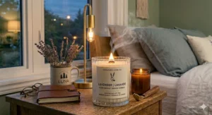 Sustainable, eco-friendly lavender soy candle in a minimalist jar, ideal for bedroom nightstands.