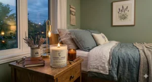 Luxury lavender-scented candle providing a gentle, calming floral aroma for your evening bedroom routine.
