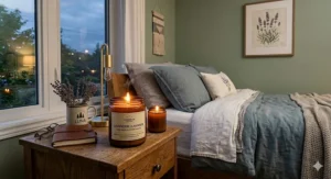 Non-toxic lavender candle creating a calm, natural atmosphere in a modern bedroom setting.