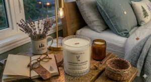 A soothing lavender-scented soy candle burning on a nightstand in a Canadian bedroom, promoting relaxation for a peaceful night's rest.