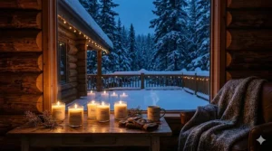 Cozy illustration of natural soy candles flickering inside a snowy Canadian log cabin at dusk.