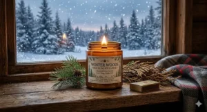 A realistic illustration of a burning winter-scented soy candle with pine and cedar notes, placed on a rustic wooden windowsill overlooking a snow-covered Canadian forest, labeled as a budget-friendly option.