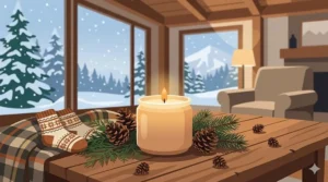 Stylized illustration of a vanilla amber candle illuminating a warm cottage interior during a Canadian winter night.