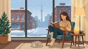 A digital drawing of a person reading by the light of a vanilla amber candle while it snows outside in Toronto.