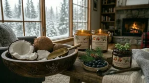 An eco conscious illustration demonstrating how to clean and upcycle glass jars from spent coconut wax candles into a plant pot.