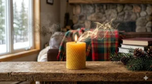 Illustration of a beeswax candle releasing negative ions to clean home air.