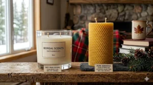 Comparison graphic illustrating longer burn times of natural beeswax candles.
