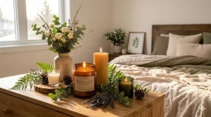 Botanical candle and greenery bedroom styling / Bougie botanique et verdure pour décorer la chambre