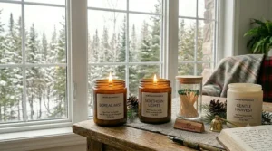 Alt text for image 8: A relaxing, lavender-infused non-toxic candle creating a peaceful atmosphere for a bedroom.