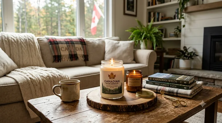 A cozy living room featuring premium Canadian made candles on a wooden coffee table.