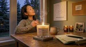 Person taking a mindful break with candles for concentration.