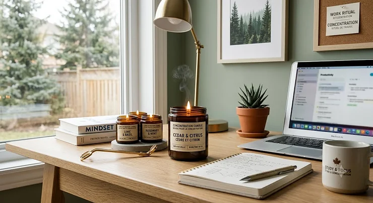 A desk with candles for concentration, a notebook, and a laptop.