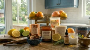 Gift set of assorted citrus kitchen candles and scented waxes.