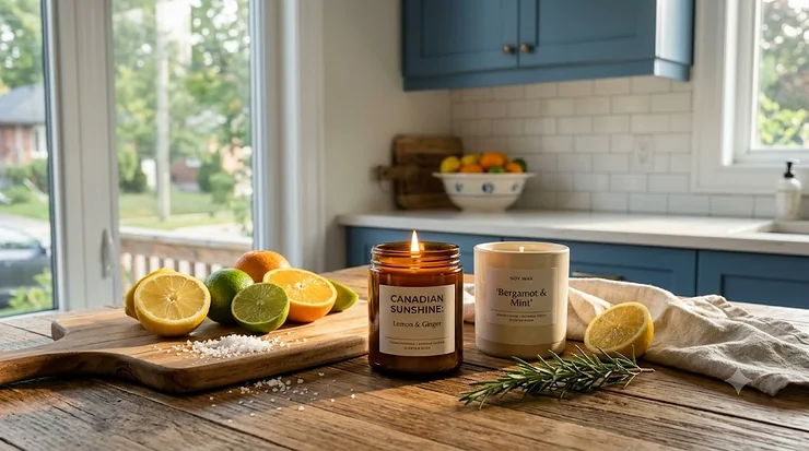 Citrus kitchen candles on a rustic wooden table. Bougies parfumées aux agrumes.
