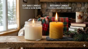 Infographic showing soot-free burn quality of soy vs beeswax candles.