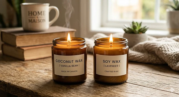 A clean, minimalist side-by-side comparison of coconut wax vs soy wax candles in a Canadian home setting.