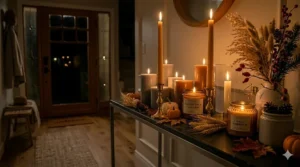 Soft glow of welcoming candles for entryway at night.