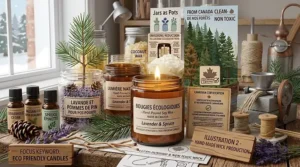 A photorealistic artisan workspace highlighting the distillation of Canadian essential oil blends, featuring copper equipment, detailed recipe notes, and raw eco friendly candle materials. / Espace de travail artisanal photoréaliste mettant en lumière la distillation de mélanges d'huiles essentielles canadiennes, avec de l'équipement en cuivre, des notes de recette détaillées et des matières premières pour bougies écologiques.