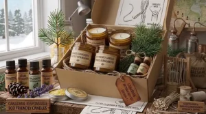 A detailed, high-quality final product display of a Canadian artisan gift set, showcasing candles, raw beeswax blocks, historical botanical reference books, and distillation equipment in natural light. / Présentation détaillée et de haute qualité du produit final d'un coffret cadeau artisanal canadien, mettant en valeur des bougies, des blocs de cire d'abeille brute, des livres de référence botaniques historiques et de l'équipement de distillation sous une lumière naturelle.