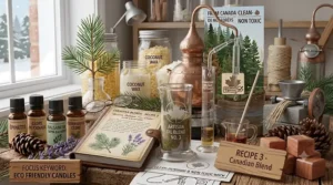 A high-detail scene capturing the pouring of artisan oil blends into eco friendly candle jars, surrounded by natural Canadian forest botanicals and professional candle-making tools. / Scène très détaillée capturant le coulage de mélanges d'huiles artisanales dans des pots de bougies écologiques, entourée de plantes indigènes de la forêt canadienne et d'outils professionnels de fabrication de bougies.