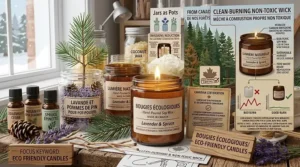 A photorealistic workshop scene focusing on the candle-making process, showcasing natural ingredients, essential oils, and hand-made wick production documentation in natural light. / Scène d'atelier photoréaliste axée sur le processus de fabrication de bougies, présentant des ingrédients naturels, des huiles essentielles et de la documentation sur la production de mèches artisanales sous une lumière naturelle.