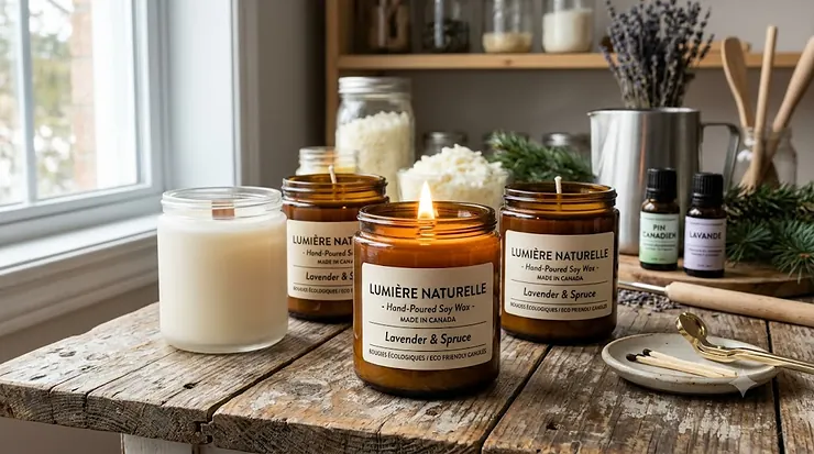 A photorealistic workshop scene featuring Lumière Naturelle eco friendly candles, essential oils, and educational diagrams about clean-burning wicks and Canadian sourcing, set in natural light. / Scène d'atelier photoréaliste présentant des bougies écologiques Lumière Naturelle, des huiles essentielles et des diagrammes éducatifs sur les mèches à combustion propre et l'approvisionnement canadien, sous une lumière naturelle.